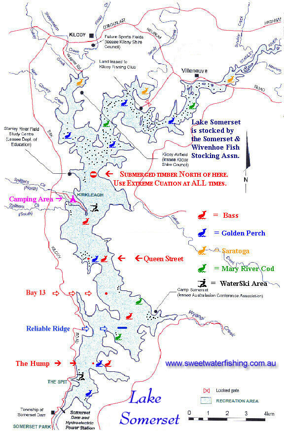 Lake Somerset Map. Copyright © www.sweetwaterfishing.com.au